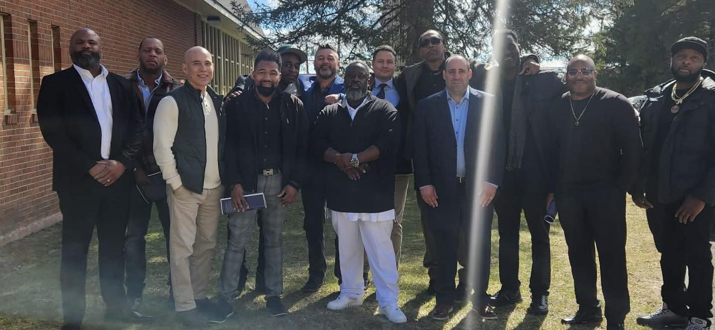 North High football brothers gathered to remember Jerome — Tobias Jeffy (center), Eugene Christopher, Francesco Lopriore, Ato Biney, Sal Molinari, Rohan Brewster, Tanisha Antonette Webster, Greg Grant, Delattre Jovin, Liza Nyamekye, Johnny Rice, and DeMarr Langford